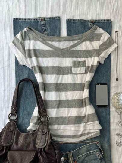 Attitoon Women's Casual Retro Oversized Collar Striped T-Shirt, Y2K Style, Summer Clothing, Vintage