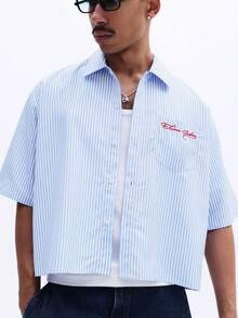SUMWON Men's Red Embroidered Script Striped Button Down Short Sleeve Oversized Summer Shirt With Chest Pocket,  Men S Work Shirts, Shirts Streetwear - Blue and White - View 1