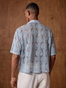 AKNOTIC Men's Hollow Design Short Sleeve Single-Breasted Casual Shirt - Baby Blue - View 7