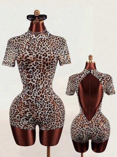 Mistrie Bộ jumpsuit cổ đứng hở lưng bằng vải lưới xuyên thấu họa tiết động vật kiểu vintage mới năm 2026 dành cho nữ.