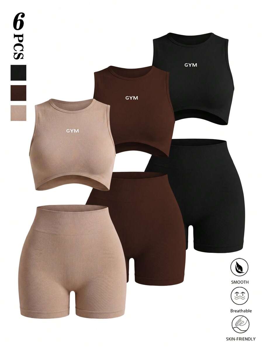 SHEIN Sovereign Charm 6pcs Women's Sporty Seamless Crop Tank Top And High Waist Shorts Workout Set For Summer Fitness