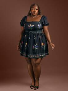CurvyTilda Elegantes Damenkleid in Große Größen mit Blumenmuster im Boho-Stil, für Sanduhr-Figur, Schwarz, Sommer - Schwarz - Übersicht 1