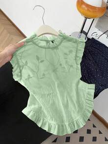 GlowEve Women's Sleeveless Embroidered Frill Trim Shirt - Mint Green - View 3