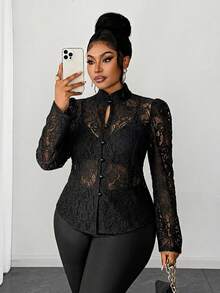 Maweii Plus Size Sexy Sheer Lace Front Button Long Sleeve Shirt, Summer - Black - View 1