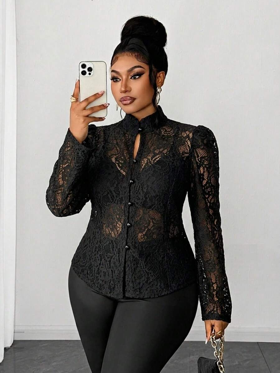 Maweii Plus Size Sexy Sheer Lace Front Button Long Sleeve Shirt, Summer - Black - View 1