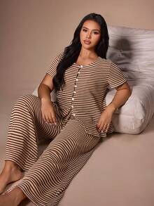 Lazeform Women's Casual Textured Striped Jacquard Round Neck Cardigan Short Sleeve Pants Pajama Set, Plus Size Lounge Brown Summer - Coffee Brown - View 3