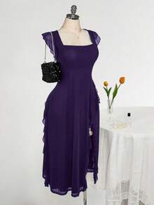 SHEIN ICON Plus Size Square Neck Ruffle Trim Fitted Dress, Suitable For Wedding Parties, Wedding Guest Attire, Romantic Spring Outfit - Purple - View 6