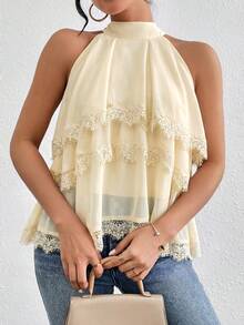 Firerie Halter Neck Ruffled Cake Chiffon Lace Hem Blouse Beach Vacation, Summer Holiday, Tropical, Resort Wear, - Apricot - View 5