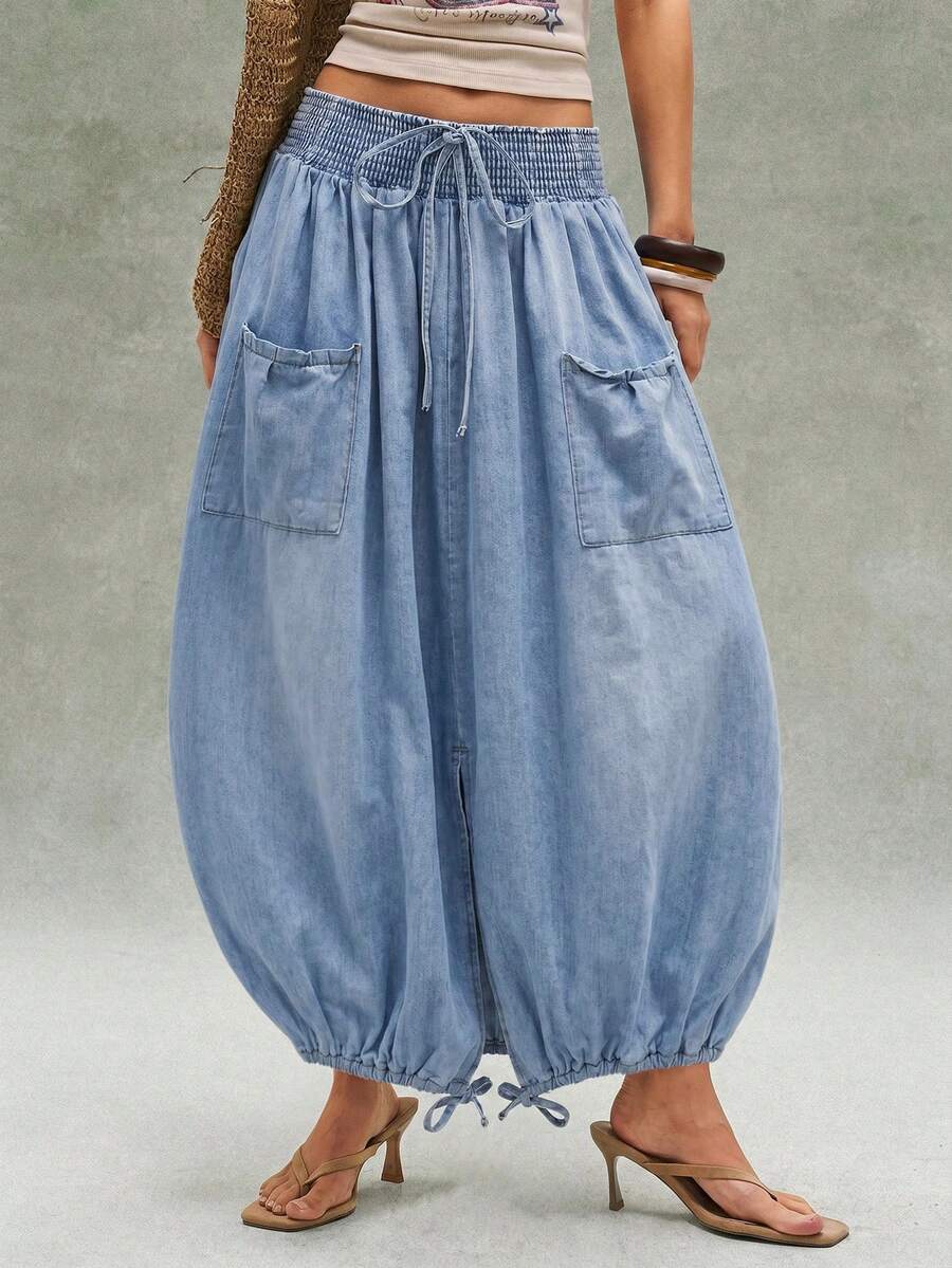 Bohemela Chân váy denim dài buộc dây thời trang cho nữ - Màu xanh lam - Xem 1