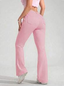 SHEIN PETITE Quần jean ống loe nữ cài nút, kiểu dáng thường ngày, đa năng. - Hồng - Xem 2
