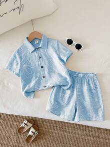SHEIN 2pcs Kids/Young Boy Summer Casual Holiday Shirt And Shorts Set, Holiday Outfit, Boys Summer Set - Blue - View 7
