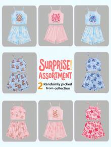 4pcs/Set Girls Cute Cartoon Otter, Teddy Bear, Heart, Number 67, Rabbit, Tie-Dye Gradient, Solid Color, Cartoon Print Sleeveless Camisole Top With Ruffled Hem Shorts Pajama Set, Comfortable Soft Knit Fabric, Casual Daily Wear For Spring/Summer - Multicolor - View 7