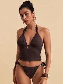 Travachic Women's Solid Color Minimalist Sexy Daily Swimwear Set Beach Party Vacation Chocolate Brown Summer - Brown - View 4