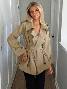 Sydney Algeri Women's Fashionable & Elegant Double-Breasted Belted Trench Coat French Style Clothes Women Trench Coat Trench Coat Women In Fall/Winter - Khaki - View 1