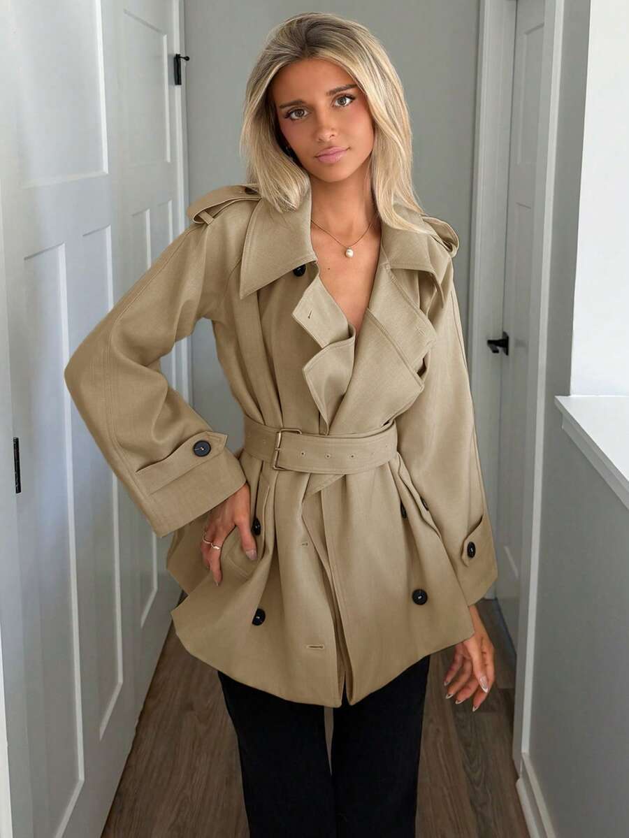 Sydney Algeri Women's Fashionable & Elegant Double-Breasted Belted Trench Coat French Style Clothes Women Trench Coat Trench Coat Women In Fall/Winter - Khaki - View 1