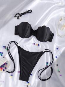 Swim SXY 黑色美人魚貝殼比基尼套裝，可愛珍珠飾品繫帶三角式兩件式泳衣，適合夏季海灘度假、水療度假村、派對，性感風格 - 黑色 - 查看 5