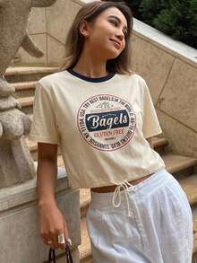 DAZY Women Loose Fit Color Block Printed Waist Tie T-Shirt Graphic Tee - Beige - View 11