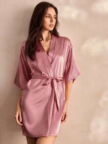 Charlaine 1 pieza Bata de satén sólido con cinturón, Lujoso atuendo de descanso, Otoño, Invierno - Rosa vieja - Ver 5