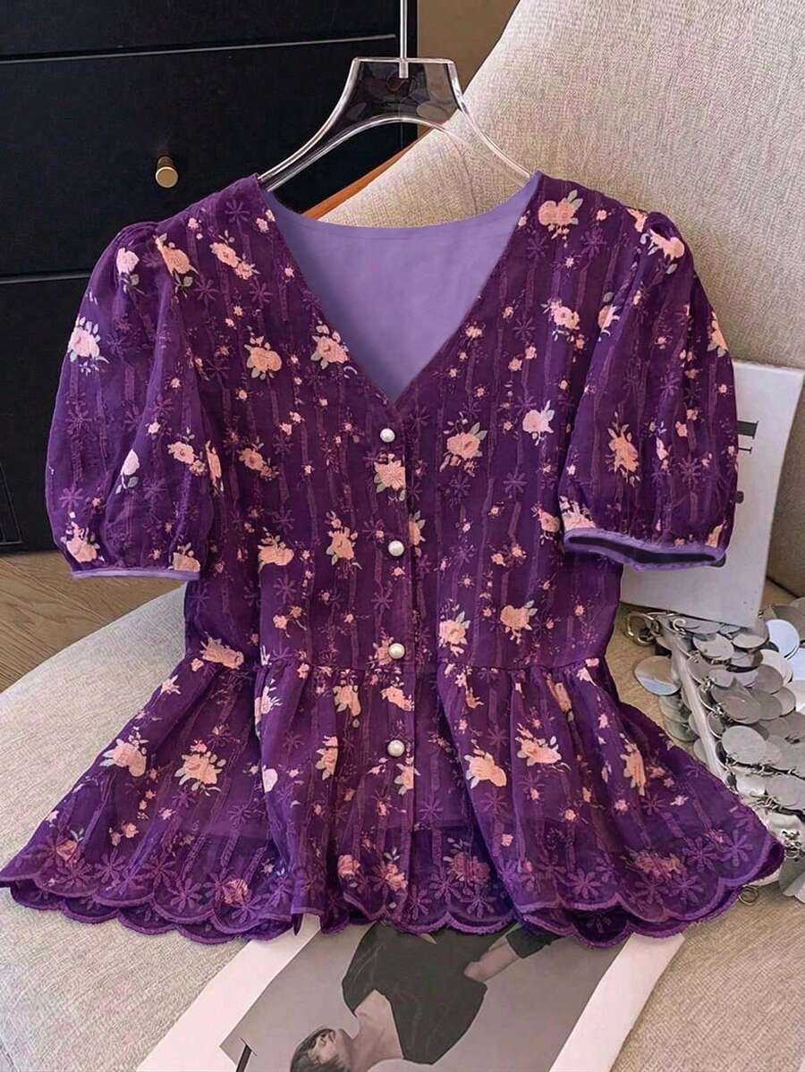 SHEIN LUNE 法式浪漫刺绣V领短袖女式衬衫 - 紫色 - 查看 1