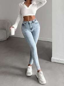 EURMUSE 99%Cotton High Waist Ripped Skinny Jeans - Light Wash - View 4