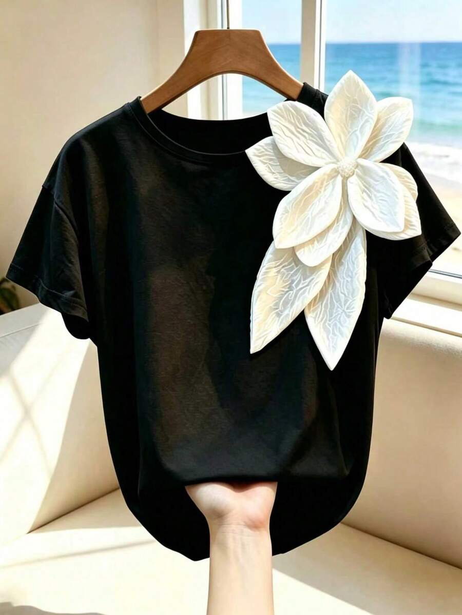 Resyla 女士黑色圆领T恤，3D大白花贴花设计，短袖休闲T恤，优雅修身基础款上衣，2026新款，夏季日常穿着