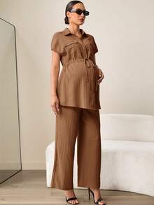 MaterniWear 孕妇纯色短袖上衣和裤子休闲两件套 - 棕色 - 查看 5