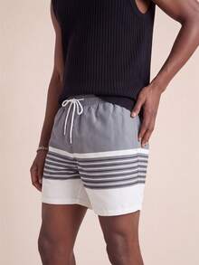 Zalmeno Pantalones cortos de playa holgados con cordón en la cintura y bolsillos a rayas para hombre - Gris - Ver 6