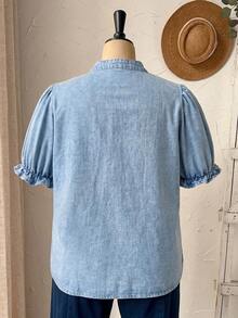 Rusticease Blusa de manga corta de mezclilla vintage lavada de moda para mujer de talla grande - Azul - Ver 2