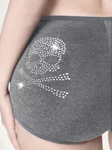 ROMWE Goth Calzones de mujer con decoración de calavera gótica y diamante de imitación - Gris - Ver 2