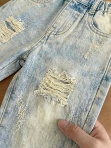 SHEIN Baby Boy Vintage Washed Blue Denim Ripped Tapered Jeans Summer Festival Beach - Light Wash - View 5