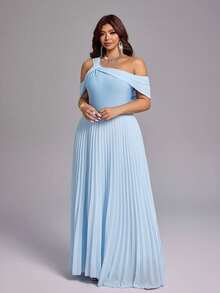 Viva Relle Plus Size Vestido Casual de Festa para Mulheres Cor Sólida Decote Assimétrico Plissado Vestido Azul Vestidos Elegantes para Festa Peplum - Azul - Visão 3