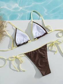 SHEIN Swim 2026 Spring/Summer Fashionable Polka Dot Print Spaghetti Strap Backless Sexy Bikini 2-Piece Swimwear Set For Women - Brown - View 2