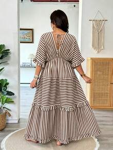 Vionelle Plus Size Women Elegant Boho White Ruffle Hem Dress, Spring/Summer Vacation - Khaki - View 2