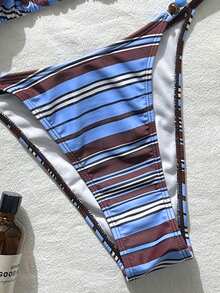 Swim Vcay 女士新款条纹随机印花挂脖系带休闲沙滩比基尼泳装两件套，春夏款，条纹比基尼套装，女士比基尼套装 - 彩色 - 查看 4