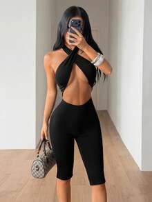 SHEIN ICON 女士纯色吊带系带性感休闲连体衣 - 黑色 - 查看 1