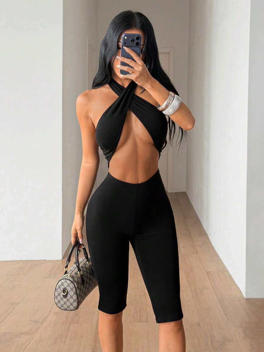 SHEIN ICON 女士纯色吊带系带性感休闲连体衣 - 黑色 - 查看 1
