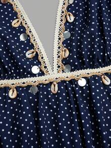 Sweetra Women's Summer Bohemian Camisole, Brown Polka Dot Ruffle Hem Shirt With Shell Sequin Decor, Deep V-Neck Beach Gym Top - Navy Blue - View 7