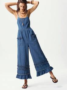 Bohemela Casual Solid Color Woven Loose Fit Women's Jumpsuit - Blue - View 7