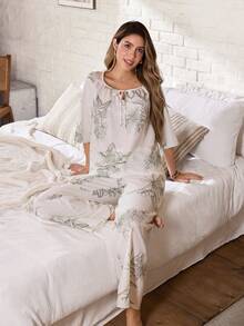 Serenescape Women's Elegant Printed Bubble Crinkle Loose Pajama Set - Green - View 4