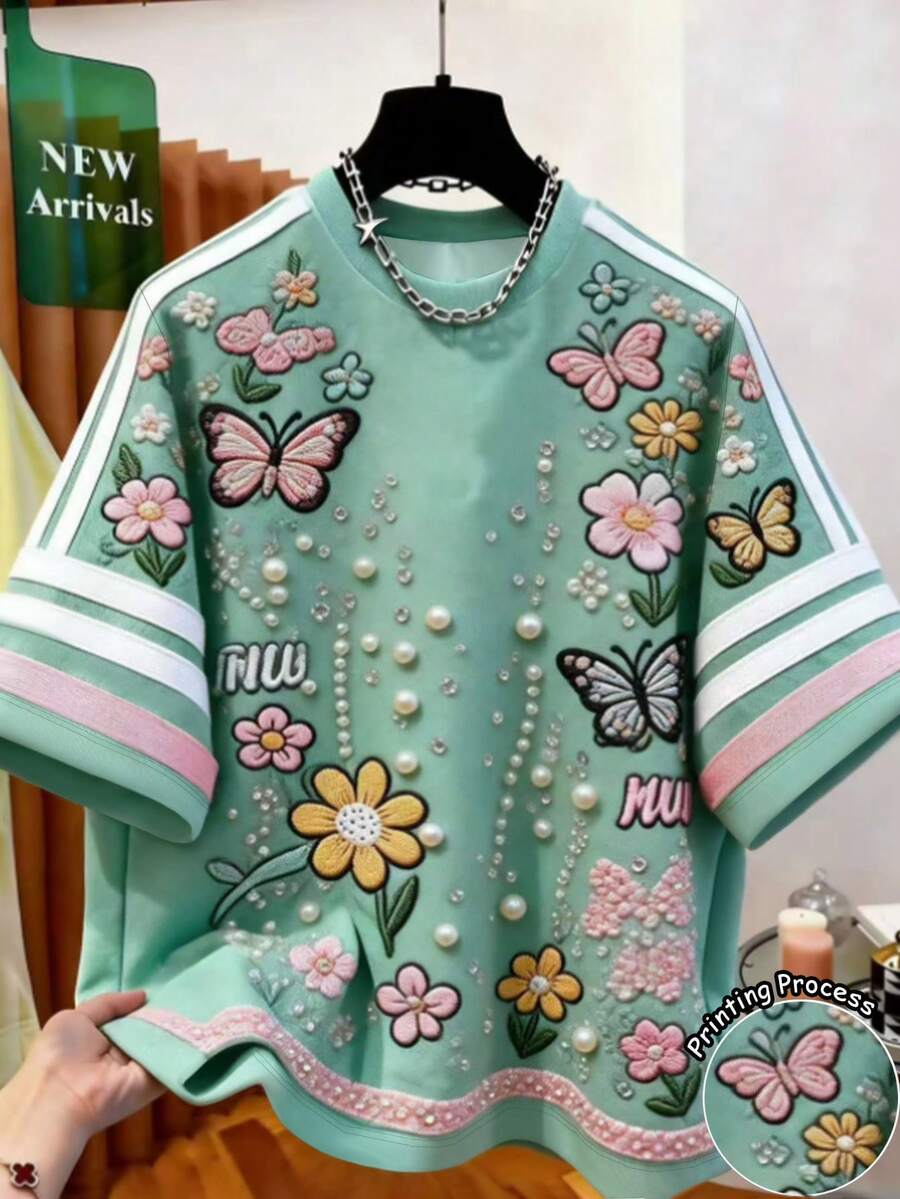 Resyla Floral Print Round Neck Short Sleeve T-Shirt, Summer - Multicolor - View 1