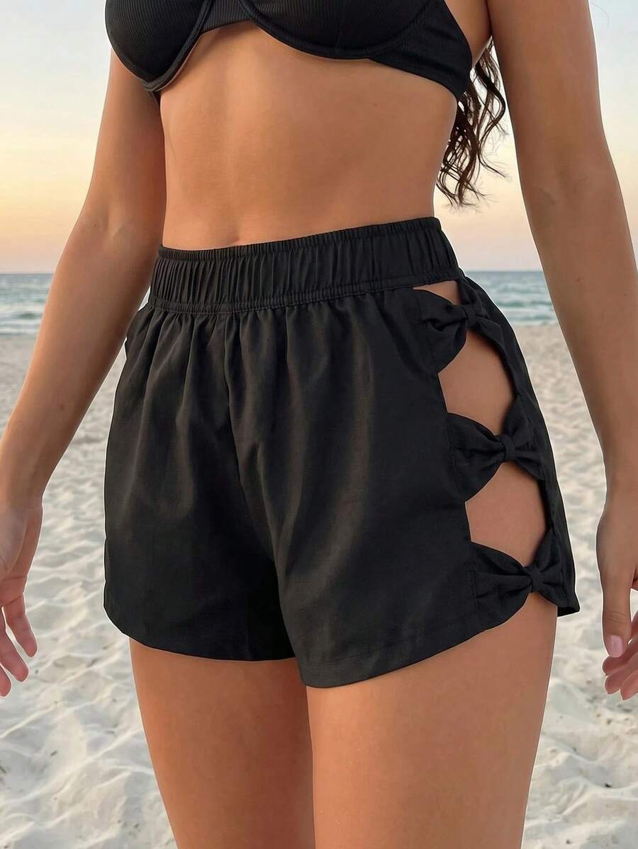 Vaclyn Women's Solid Color Bow Tie Casual Beach Shorts, Summer Vacation Black - Black - View 1