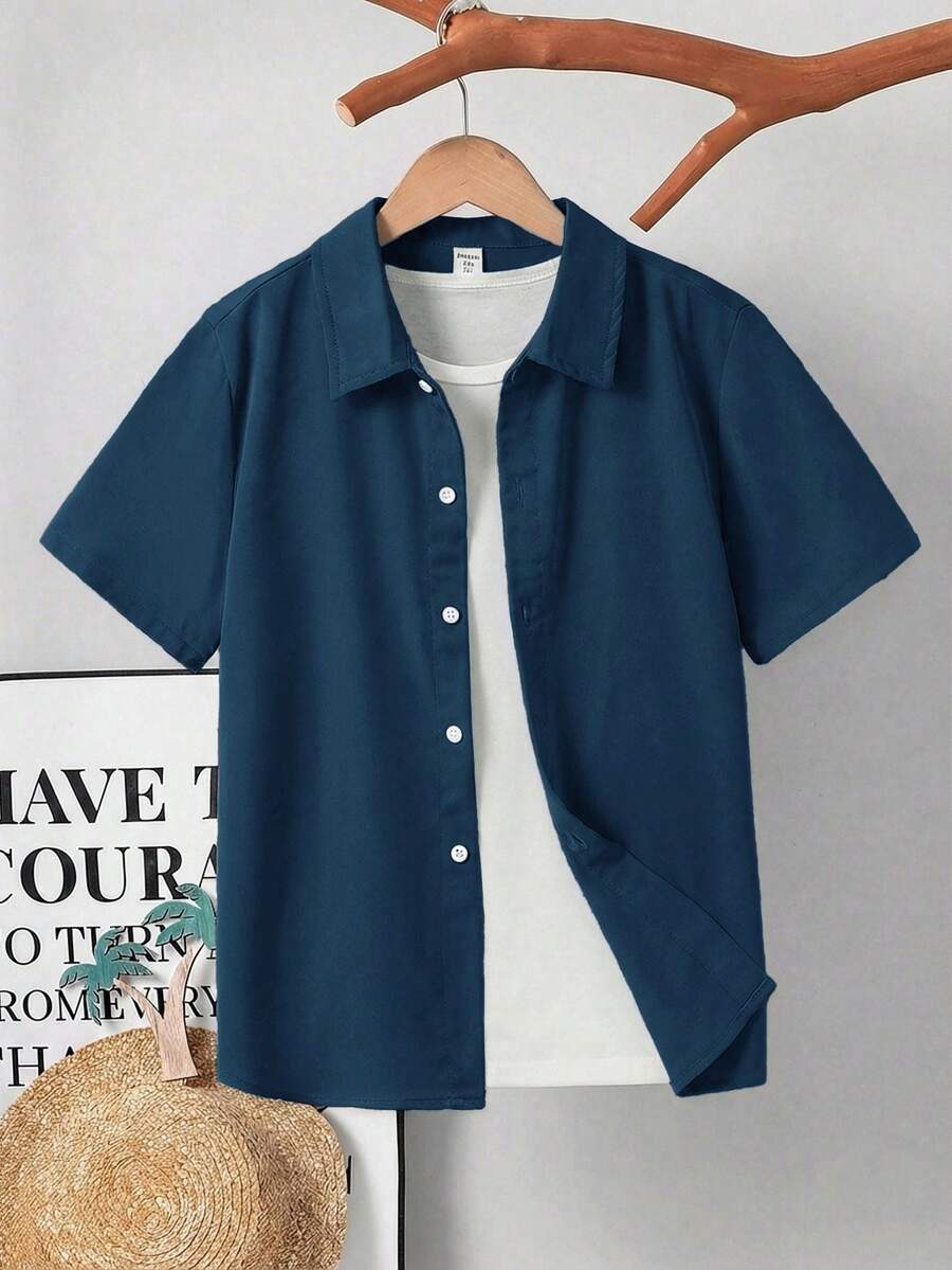 SHEIN Camisa de manga corta de corte slim con botones en el cuello y unicolor, estilo de vacaciones para niño preadolescente - Azul - Ver 1