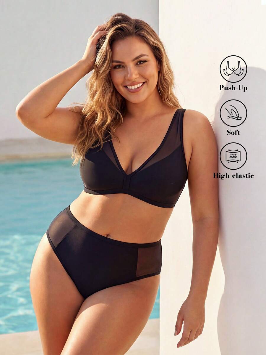 ELLERISSA Conjunto de bikini negro con paneles de malla para tallas grandes - Negro - Ver 1
