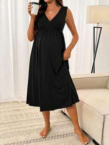 Slowluna Solid Color V-Neck Button Design Sleeveless Midi Dress - Black - View 4