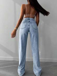 SHEIN Tall 高腰原色毛邊寬腿高腰上班牛仔褲 - 中等水洗藍 - 查看 2