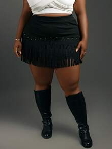 CurvyTilda Plus Size Women's Vintage Hippie Rivet Fringe Black Suede A-Line Skirt, Fall Winter Skirt, Nashville Pirate Skirt, For Hourglass Body Shape - Black - View 5