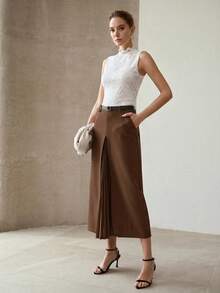 MOTF PREMIUM WOMEN'S PLEATED PATCHWORK SKIRT - Coffee Brown - View 2
