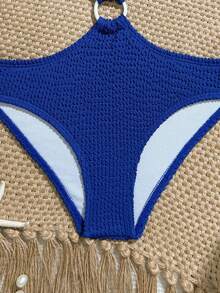 SHEIN Tween Girls One-Piece Swimsuit, Cute Blue Wavy Pattern, Knit Fabric, One Shoulder Strap, Center Ring, Regular Leg, One-Piece Set, Fashionable Elegant, Suitable For Swimming, Summer Vacation, Beach, Pool, Holiday Party - Navy Blue - View 5