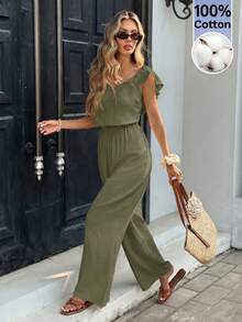 Serisse Women's Solid Color Round Neck Cap Sleeve Jumpsuit - Army Green - View 2
