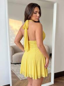Hourglow Plus Size Women Vacation Contrast Lace Halter Neck Dress, For Hourglass Body Shape Holiday Yellow Summer Cute Kawaii - Yellow - View 3